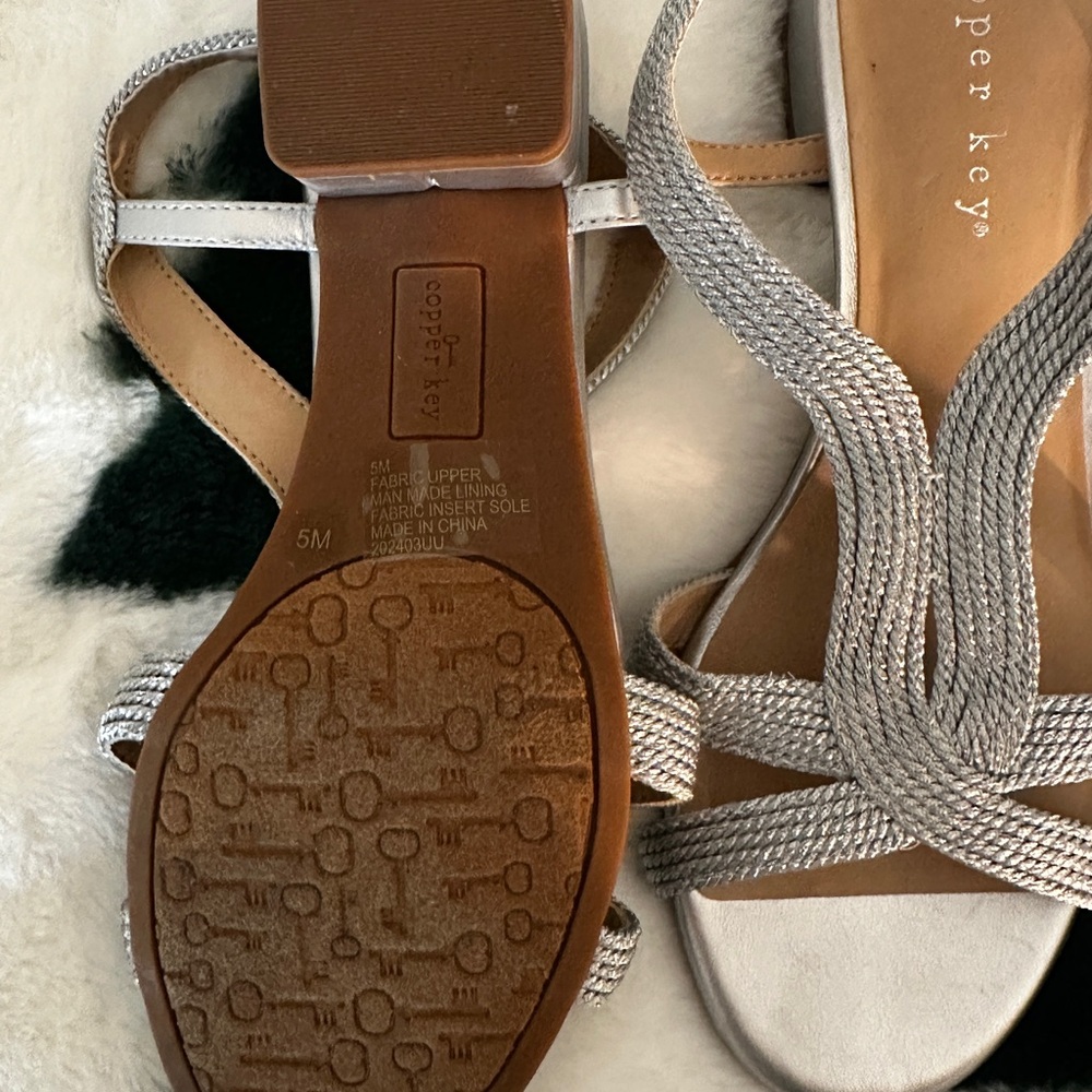 Copper Key Silver Braided Sandals with Flat Sole